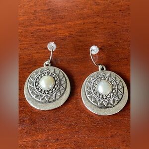 Silver-Tone Drop hook Starburst Sunburst Earrings with Freshwater Pearl Center